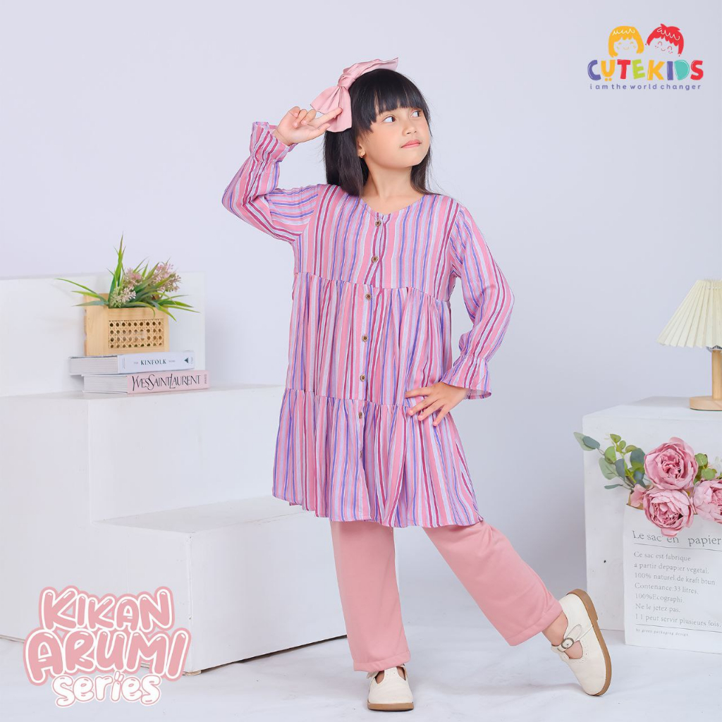 Nauree - Setelan Tunik Kkan Arumi Baju Anak Perempuan Bahan Katun Rayon Printing Full Kancing Hidup Crickle Airflow Premium Import Korea Ukuran S M L XL Warna Ungu Pink Hijau Coklat Motif Lucu Warna Warni Coral Magenta Tosca Setcel Terbaru Kekinian