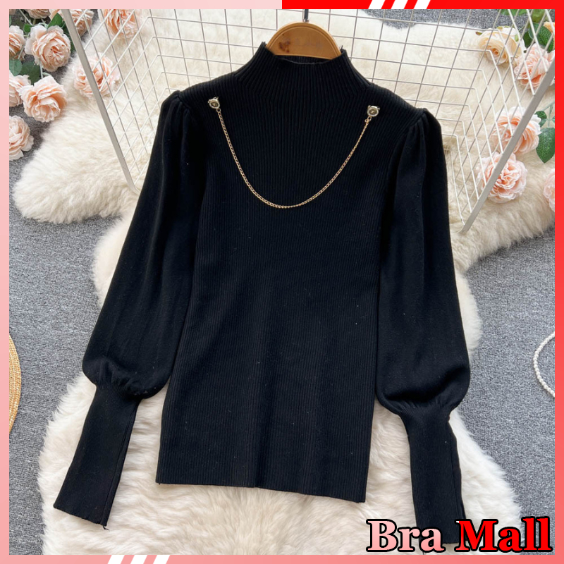 【 Bra Mall 】BJ-008 Atasan Korean Style Import Rajut Premium Lengan Panjang | Blouse Rajut Lengan Balon Callie Necklace Import