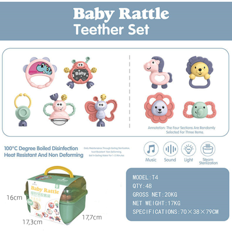 Baby Teether Mainan 2IN1 / Rattle Teething Kit 8Pcs / Mainan Gigitan Bayi Silikon PP / Mainan Bayi Silikon WJ0241