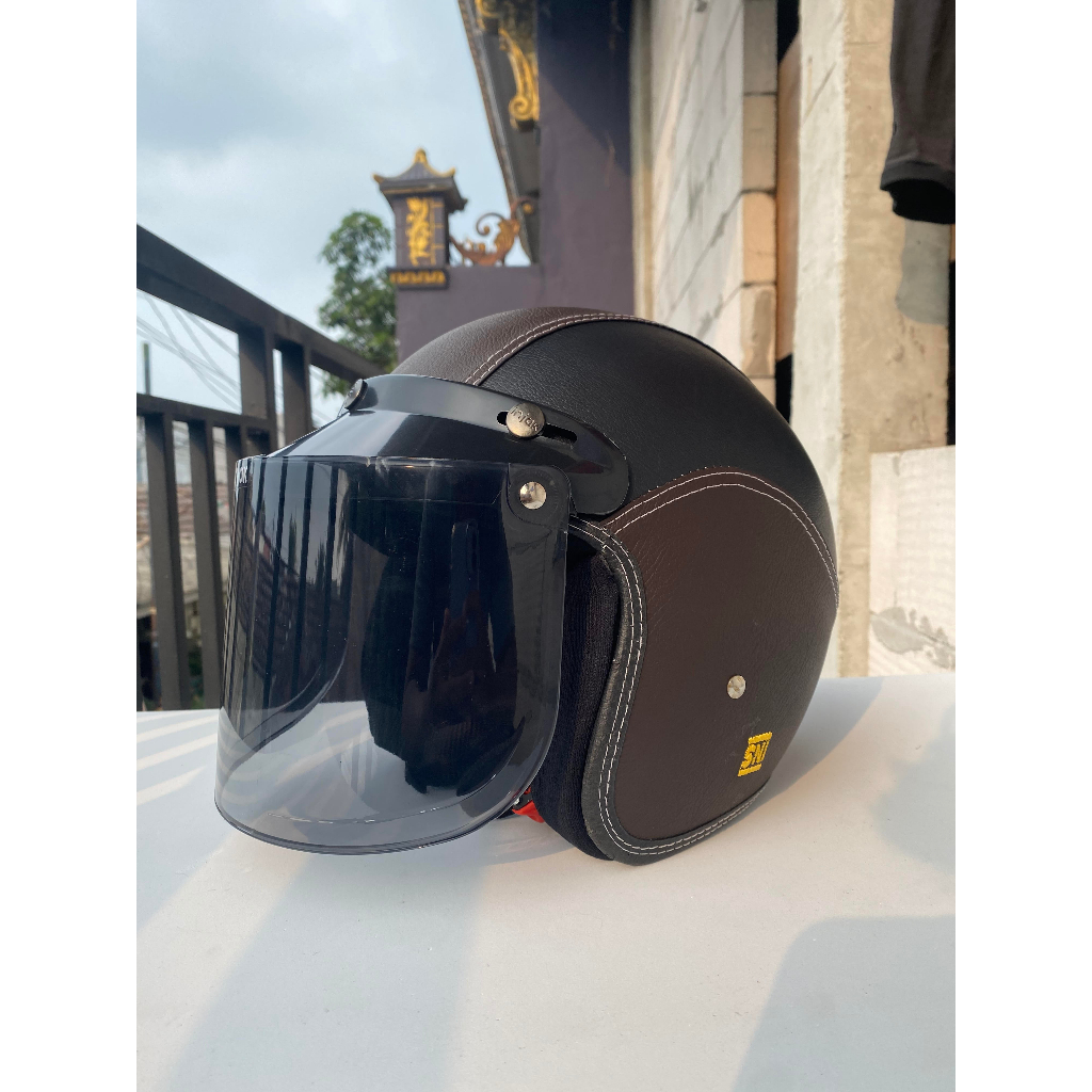 Helm Bogo Retro full kulit + kaca helm SNI