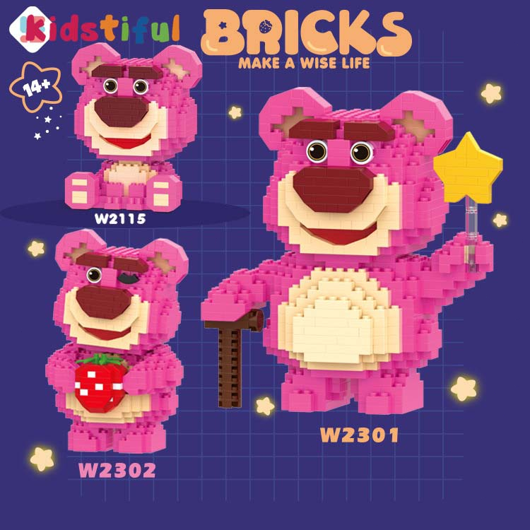 (COD) Strawberry Bear Mainan Balok Susun Disney Bricks Lotso Balok Mainan Edukasi Anak Perempuan