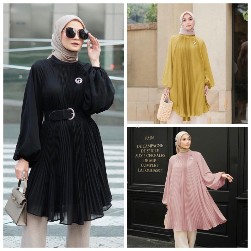 Soon Stok - Premium Pleats Tunic Blouse Yellow Brick Matcha Black White Olive Magenta Brunedde Pink 