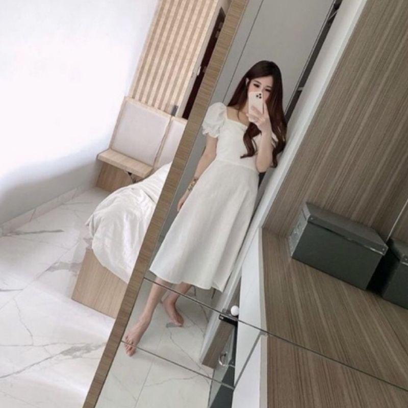 Basic id fashion Dres wanita lengan pendek  / Midi Dres cey krinkle / Dres korean style smock belakang