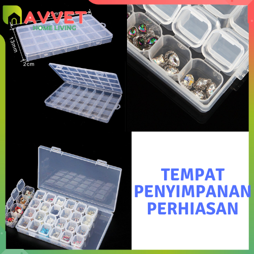 AVVET Organizer Box Penyimpanan Manik Manik Sekat Box Storage 24 Sekat Grid Box 28 Slot Transparant Murah Import Kotak Tempat Penyimpanan Perhiasan Emas Jewelry