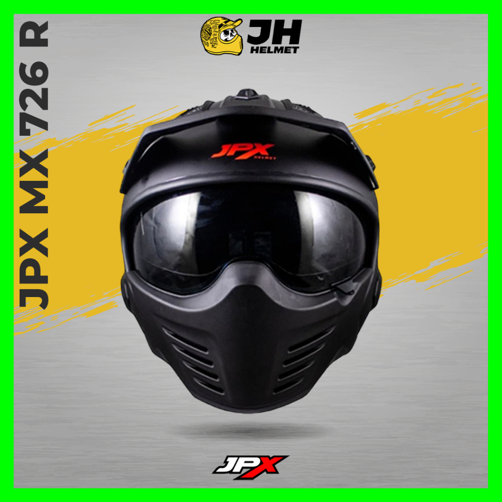 Helm JPX Full Face MX-726R Fluorescent Black Doff - Black ( Retro )