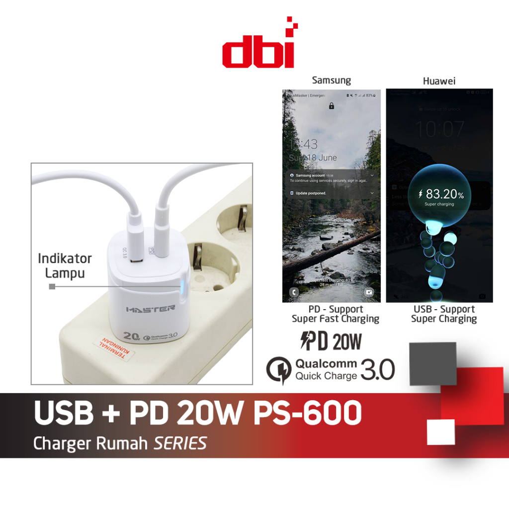 [NEW] Adaptor Charger PD 20W Fast Charger 4A MASTER PS-600 Fullset Type C Micro USB Support OPPO Xiaomi Samsung Huawei VIVO IPhone