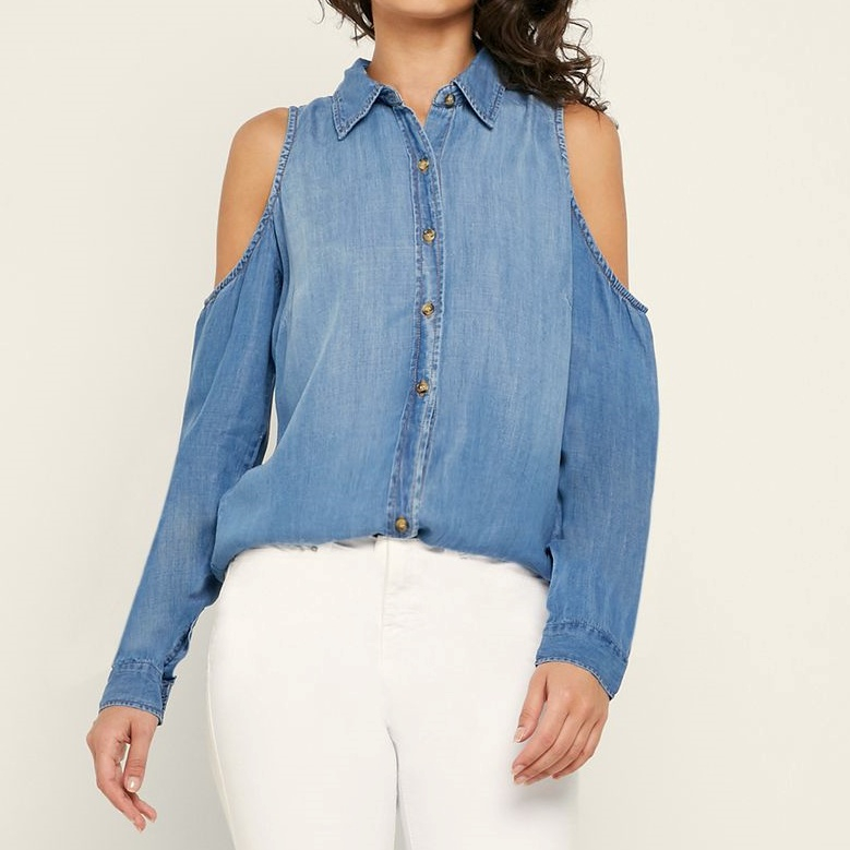 FOREVER 21 Cold Shoulder Denim Shirt Oversized Big Size XL 14-16 Preloved Long-Sleeve Full Kancing B