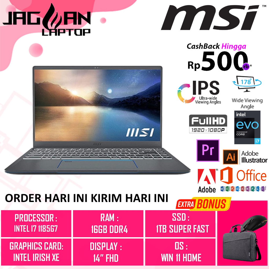 LAPTOP DESAIN MSI PRESTIGE 14 EVO INTEL I7 1185G7 16GB 1TB SSD FHD GREY  TERLARIS