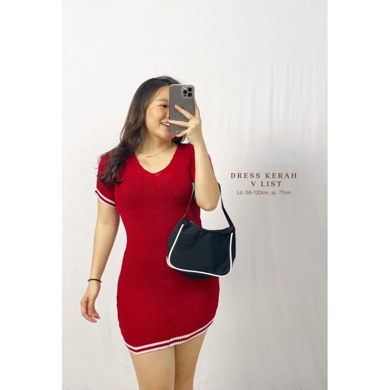 MDLV ~ DRESS KERAH V LIST PUTIH  RAJUT DRESS BODYCON DRESS KOREA STYLE DRESS SEXY FASHION WANITA