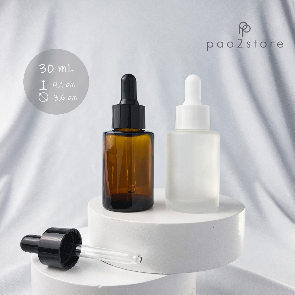 Botol Pipet 30ml Flat Shoulder / Bahu Rata - Kaca TEBAL Amber &amp; Clear Frosted - Skincare Serum Tetes Oil - PFS