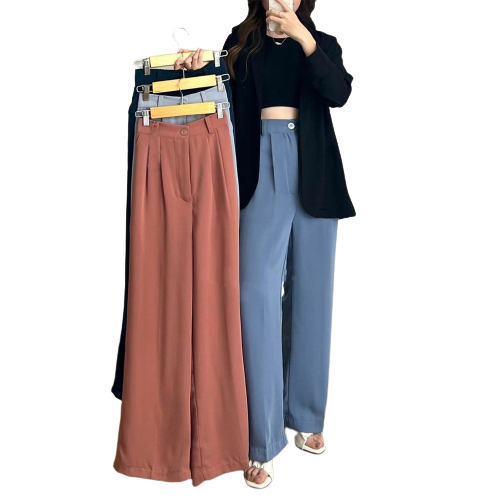 Celana Kulot Wanita Highwaist Polyester Loose Pants Saku Kanan Kiri Penutup Resleting Cp08pa