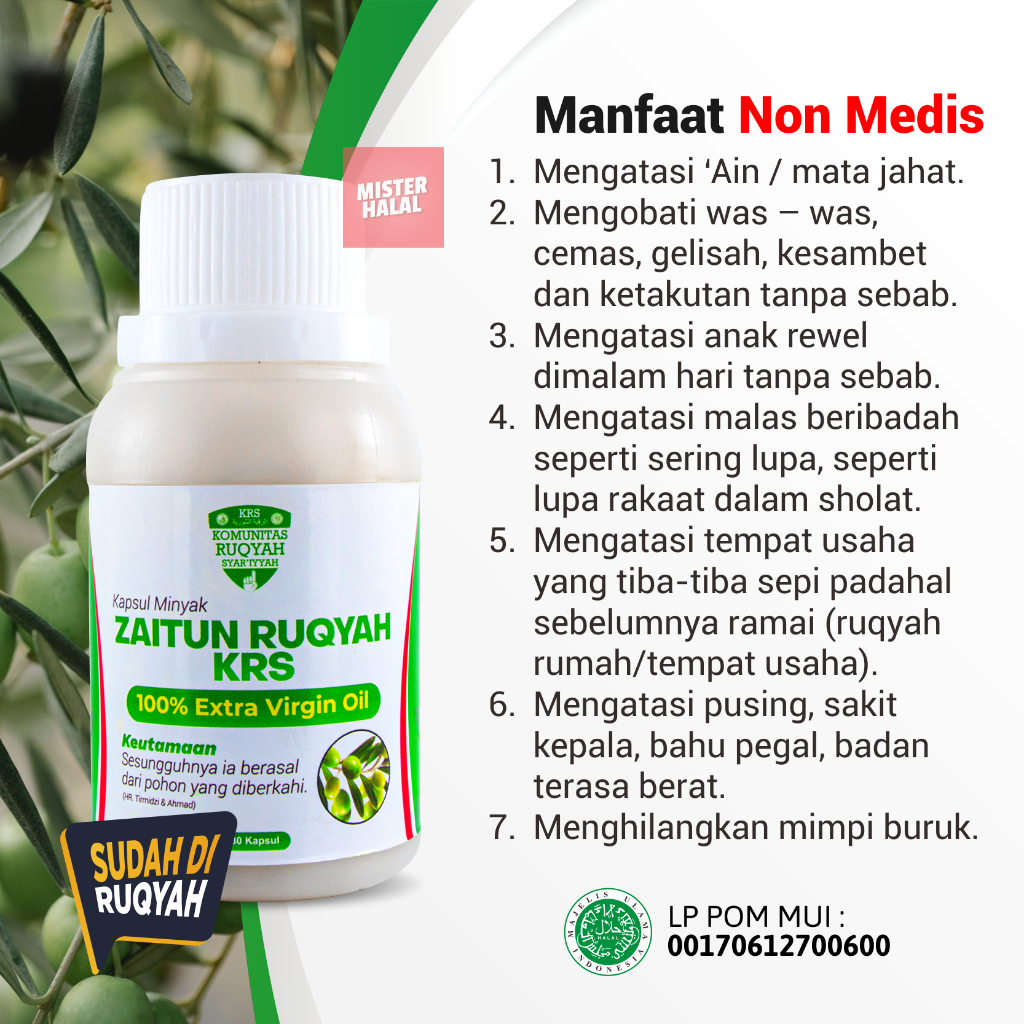 MINYAK ZAITUN RUQYAH KRS Murni - 80 Kapsul - Olive Oil Extra Virgin - Anti Kolesterol - Menghilangkan Sihir, Pengaruh Jin, Mengatasi ‘Ain, Mengobati Was – Was, Cemas, Gelisah