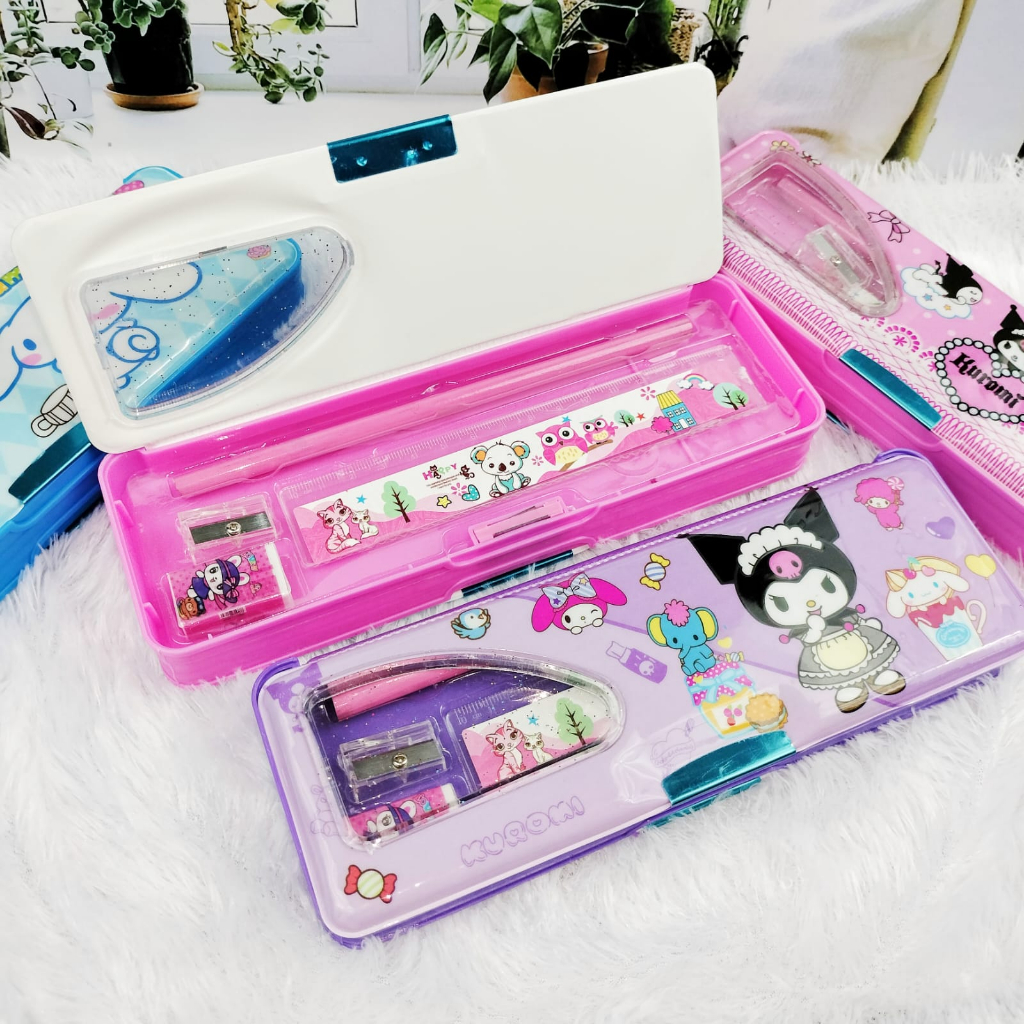 Kotak Pensil Magnet SANRIO Spesial Edition / Tempat Pensil Sanrio CUTE 2 Sekat ada kerikan nya ready 3 Variant Pink Biru Ungu Kualitas Terbaik bisa Grosir dan COD