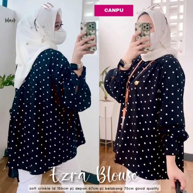 Ezra Blouse Kemeja Wanita Premium Crinkle Motif Polkadot Ld 150 Jumbo Fit XXL Busui Kancing By Canpu
