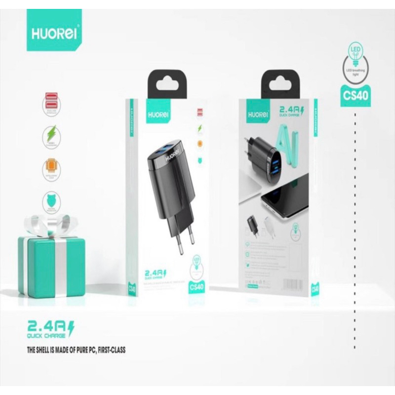 HOUREI CS40 Quick Charge 2.4A USB Charge With LED Gratis Kabel Micro - Charger CS40