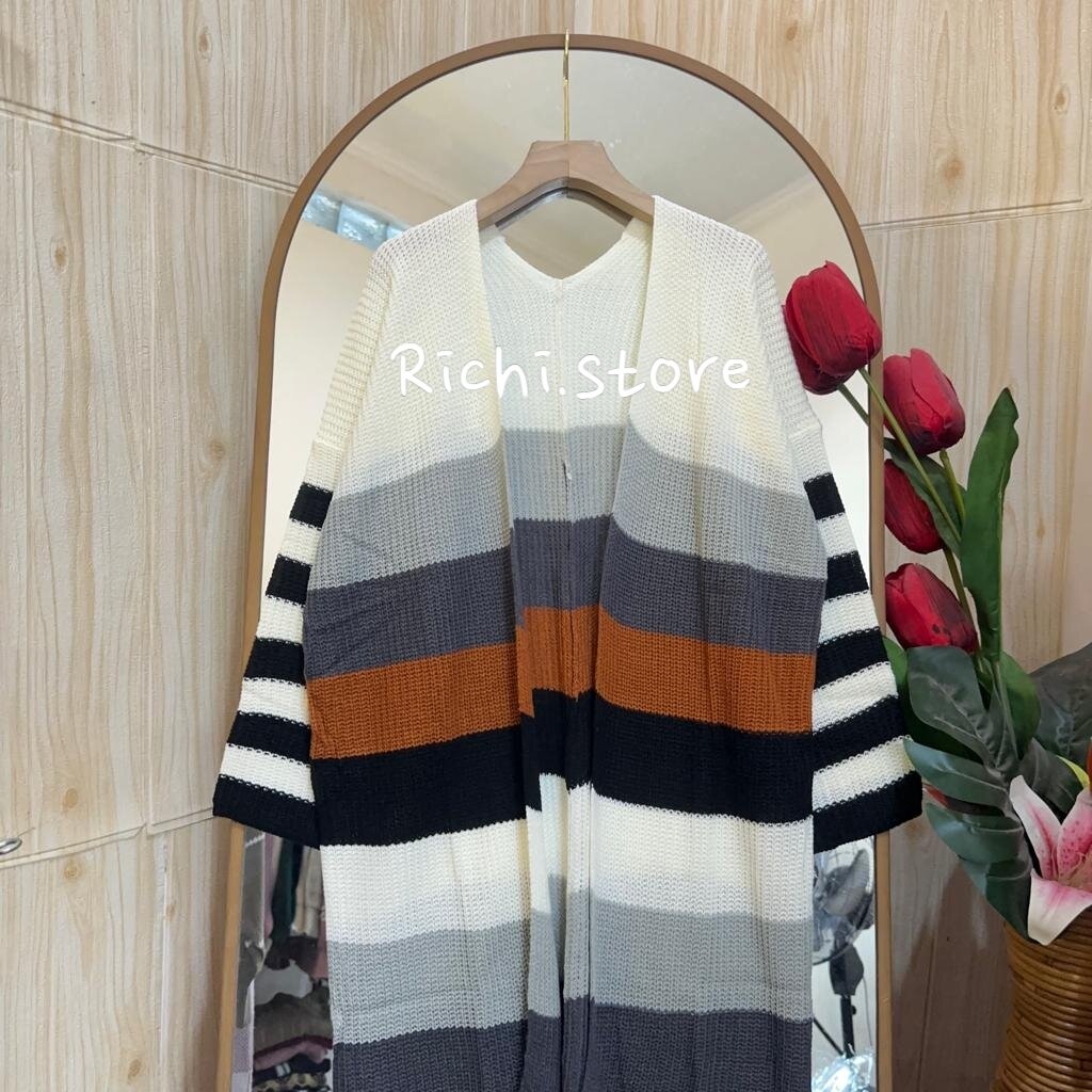 Renata long outer cardigan rajut wanita korean style motif garis