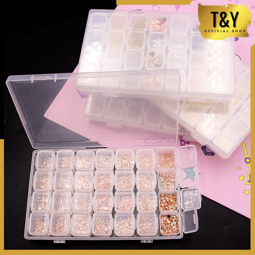 T&amp;Y Kotak Sekat Box Storage 24 Sekat Grid Box 28 Slot Transparant Kotak Tempat Penyimpanan Perhiasan Emas Jewelry Organizer Box Penyimpanan Manik Manik Murah Import