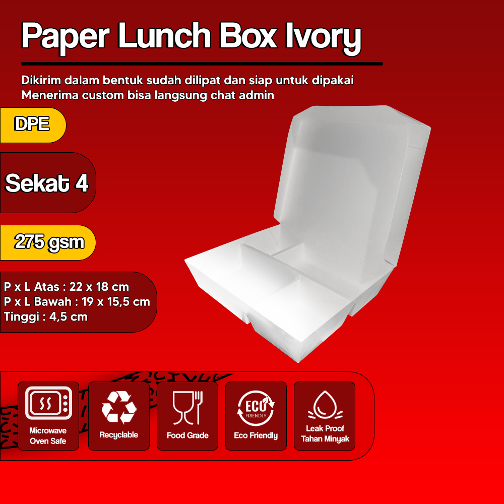 Paper Lunch Box Sekat 4 Food Grade Kemasan Makanan Kotak Putih