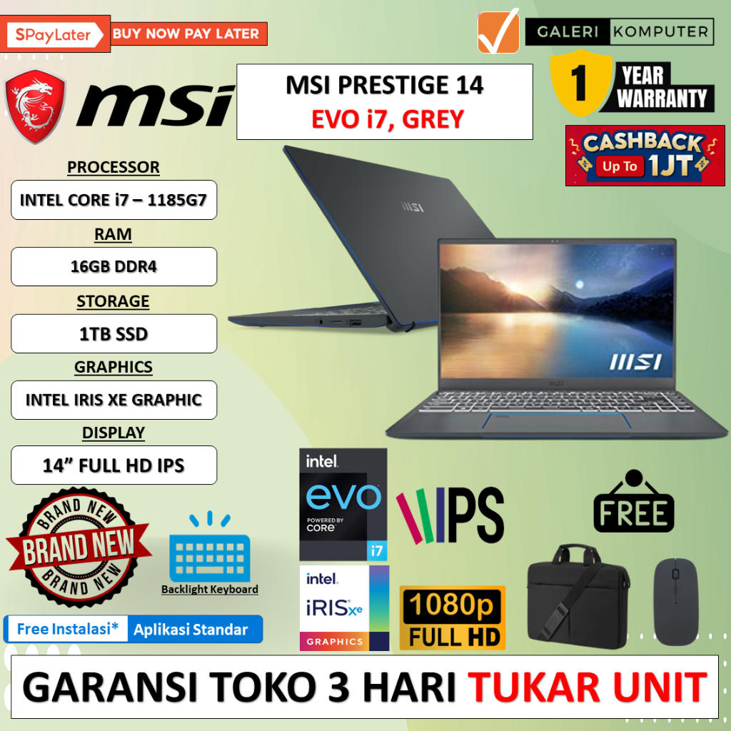 LAPTOP GAMING MSI PRESTIGE 14 EVO INTEL I7 1185G7 16GB 1TB SSD IRIS XE 14.0 FHD IPS BL FP WINDOWS 11 HOME ORIGINAL