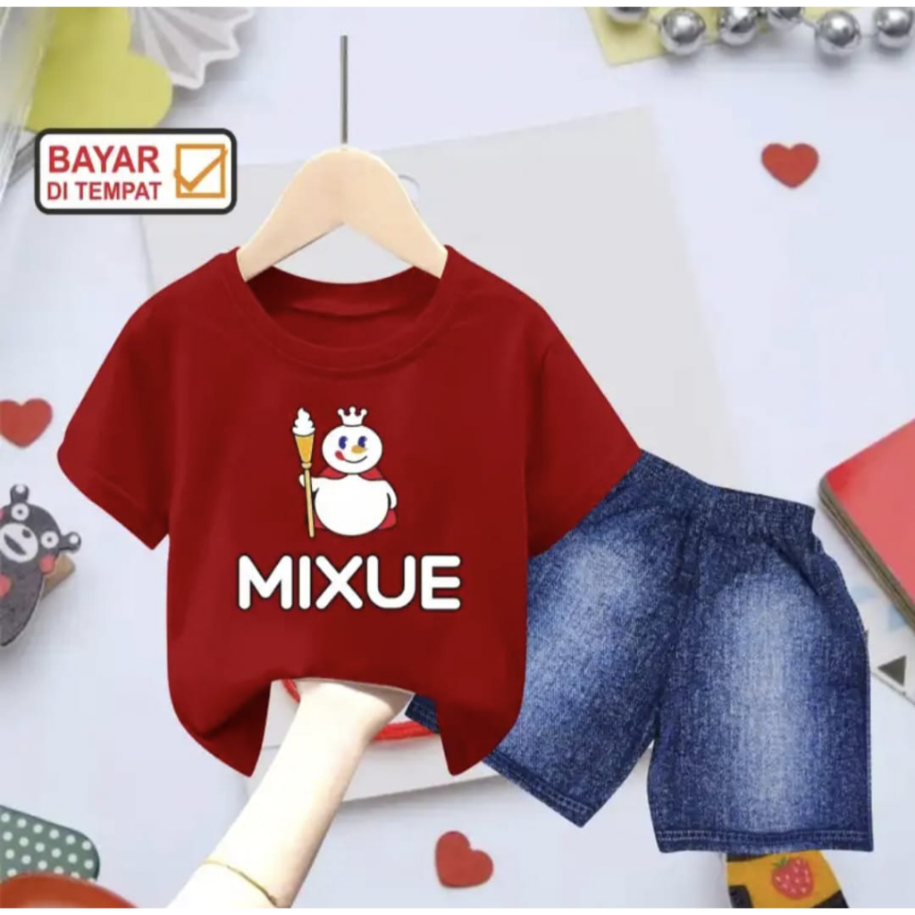 Setelan Baju Viral UNISEX Anak//Setelan Baju Celana Pendek Denim Mixue 1-6 Tahun