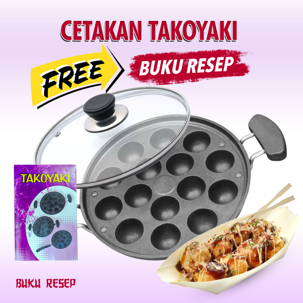 Cetakan Takoyaki 15 Lubang Anti Lengket + Tutup Kaca + Buku Resep Kualitas Premium Takoyaki pan cetakan kue takoyaki bahan cast iron cetskan kue cubit bergaransi premium