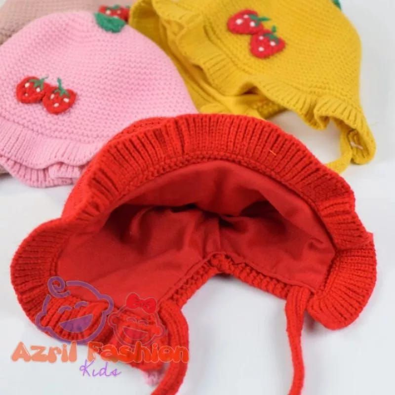 [rumahbayipdg] Topi kupluk bayi bonnet ruffle hat baby girl // kupluk anak bayi strawberry