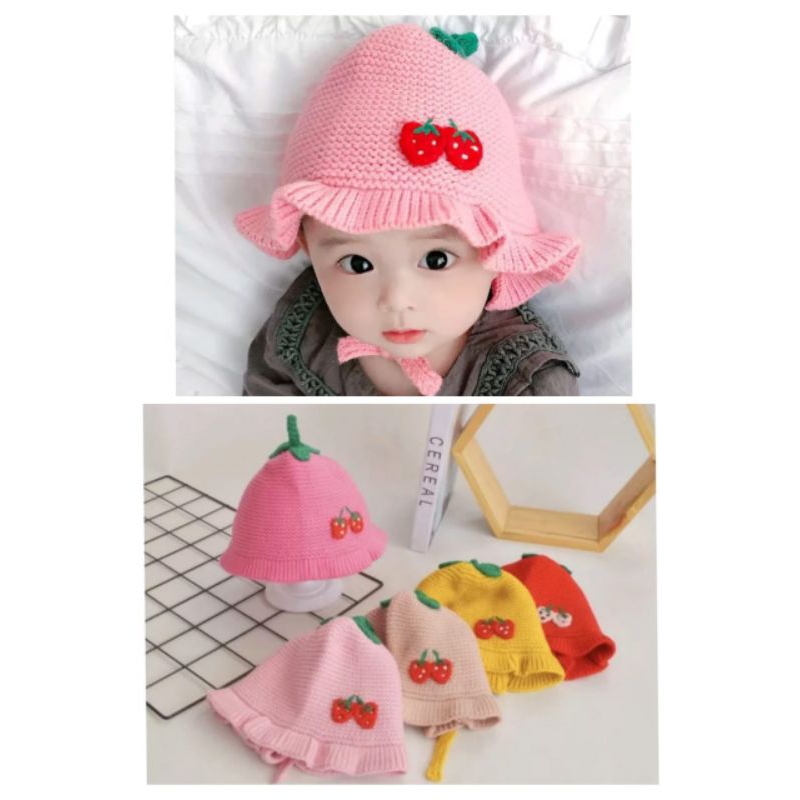 [rumahbayipdg] Topi kupluk bayi bonnet ruffle hat baby girl // kupluk anak bayi strawberry