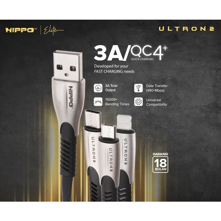 Hippo Elite Ultron 2 Micro Type C Lightning USB Port Cable 100cm 3A