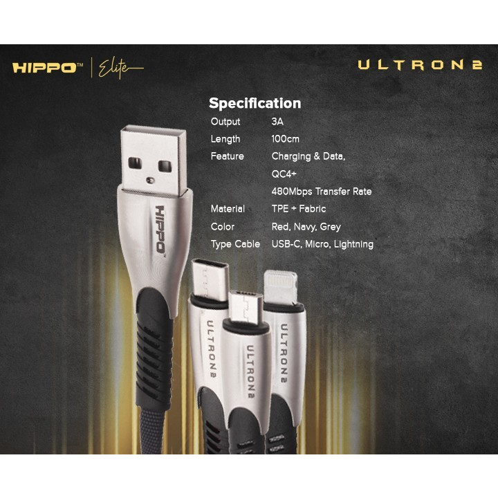 Hippo Elite Ultron 2 Micro Type C Lightning USB Port Cable 100cm 3A