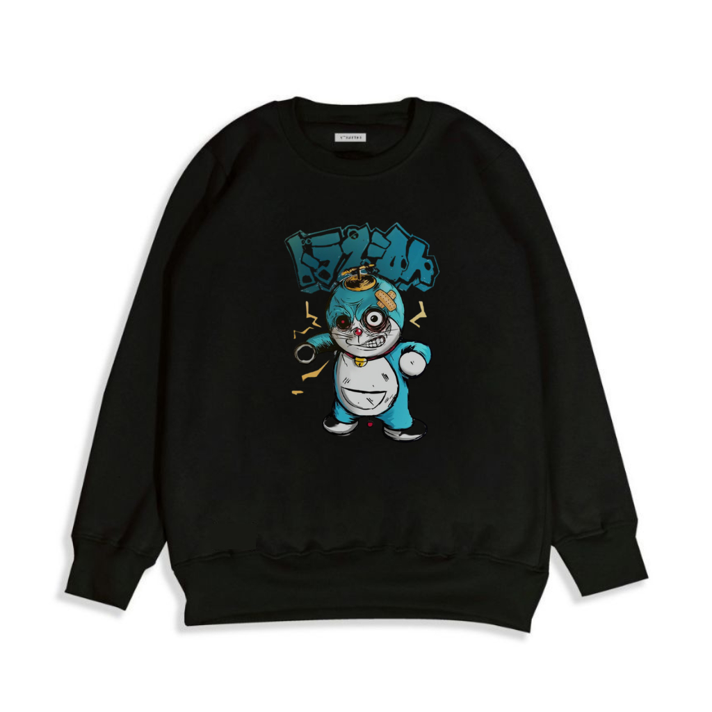 Sweater Doraemon Robot Coklatt | sweater crewneck Sablon hitam bahan flecee tebal | Crewneck Kualitas Distro
