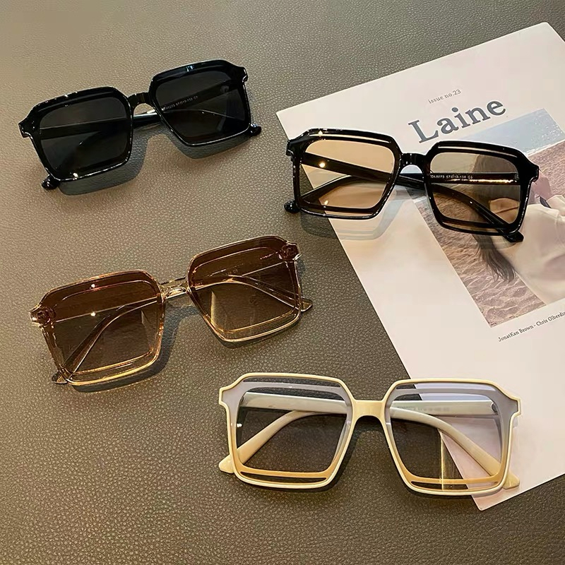 COD❤️Kacamata Hitam Wanita Double Frame Besar Persegi Fashion Korea Gaya Pelindung Matahari Pria