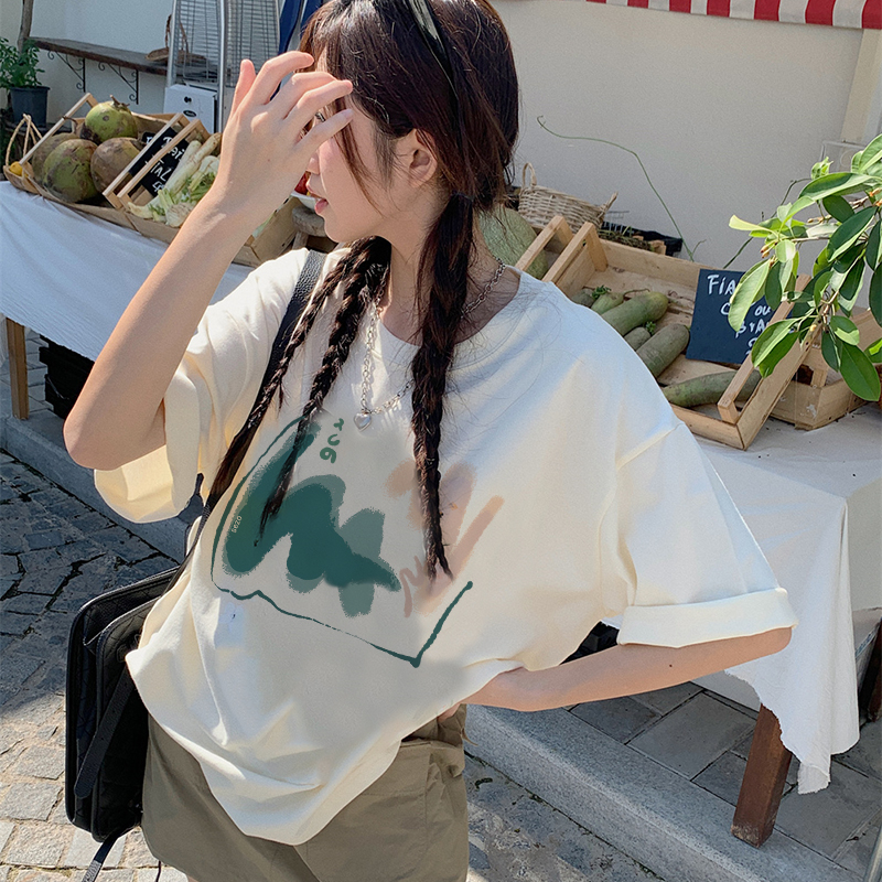 Print T-shirt Kaos Lengan Pendek Vintage Letter M Printing Oversize Atasan Wanita Korean Style