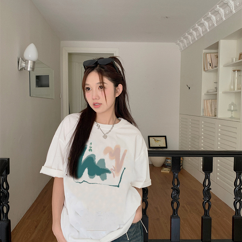 Print T-shirt Kaos Lengan Pendek Vintage Letter M Printing Oversize Atasan Wanita Korean Style