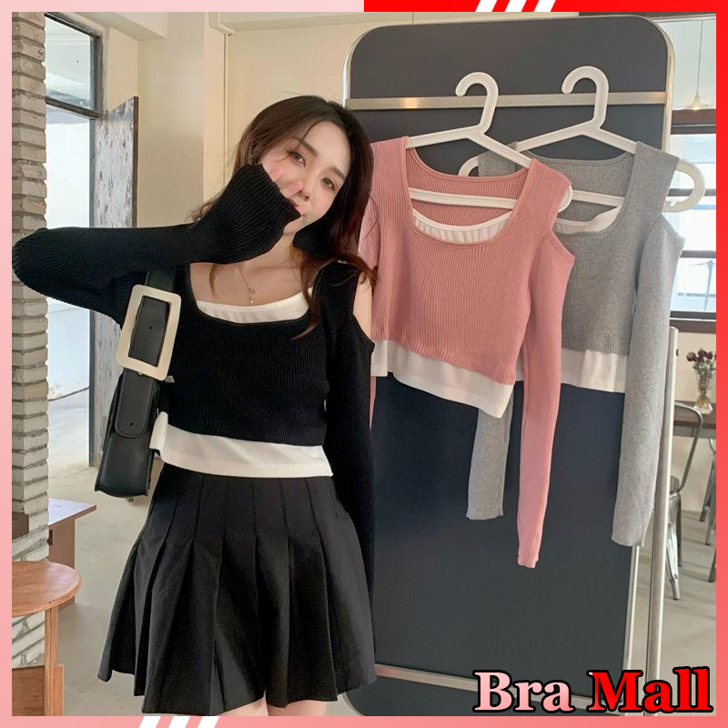 【 Bra Mall 】BJ-049 Atasan Crop Wanita Korean Style Lengan Panjang Rajut Premium Import | Atasan Rajut Crop Import Lengan Panjang Wanita