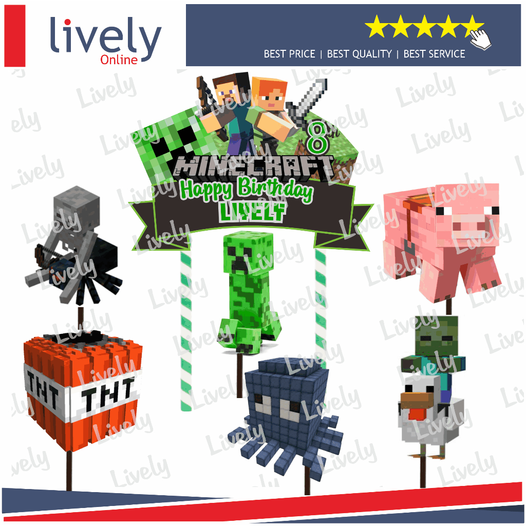 CUSTOM NAMA CAKE TOPPER KARAKTER MINECRAFT 04 HIASAN KUE ULANG TAHUN HAPPY BIRTHDAY