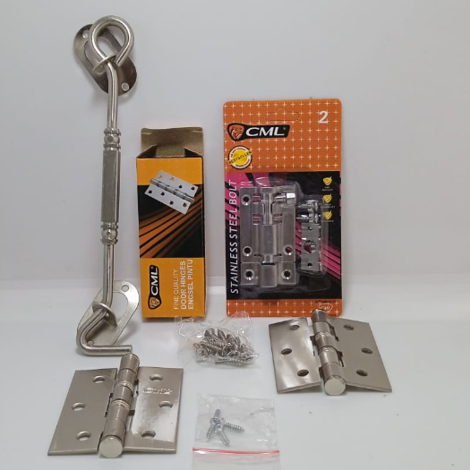 Promo 1 Paket Engsel 3 Inch Jendela Tebal Silver CML + Hak Angin Segi Silver Cantolan Jendela +