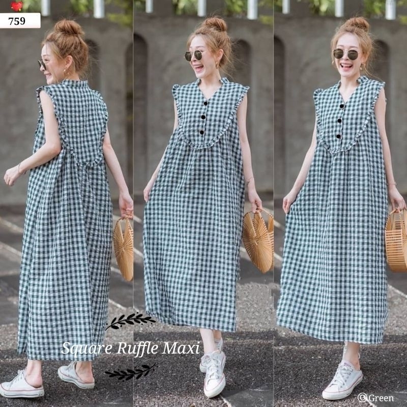SQUARE RUFFLE Maxi Dress Wanita Tanpa Lengan Baru Murah - Gaun Wanita Lengan Buntung Bahan Katun Mot