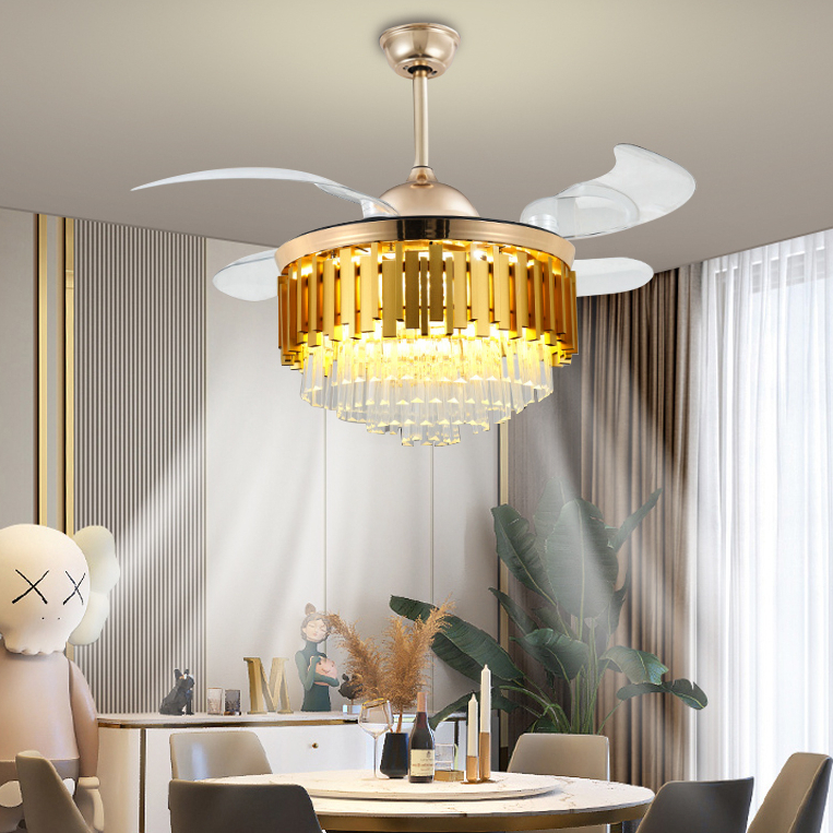 ⭐Remote&amp;Timing⭐kipas angin lampu Kristal 100W 3 warna 48cm Gold Crystal Chandelier Minimalis Modern Lampu-CY