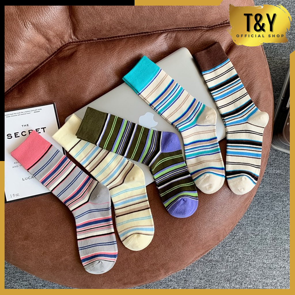 T&amp;Y Kaos Kaki Panjang Motif Belang Warna Warni 6737 Sarung Kaki Strip Garis Warna-Warni KaosKaki Panjang Korean Styles Mid Socks Import Murah