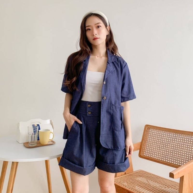 ♡ PREMIUM ♡ ORIGINAL ! PERRY 2 IN 1 DENIM JEANS SET COLLAR BUTTON BLAZER WITH SHORT PANTS