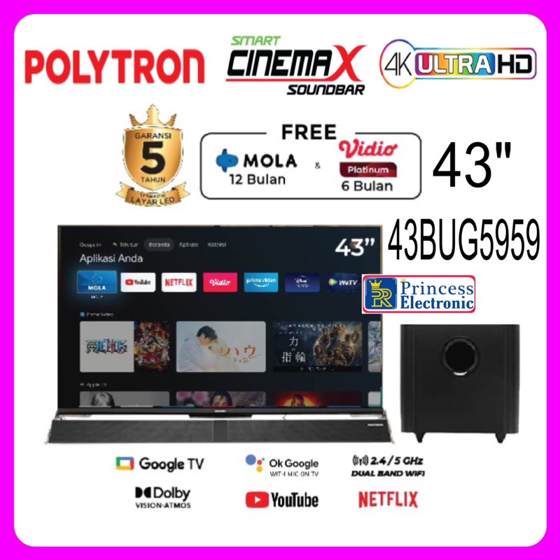 Smart android tv Polytron 43 inch PLD 43BG plus sound bar