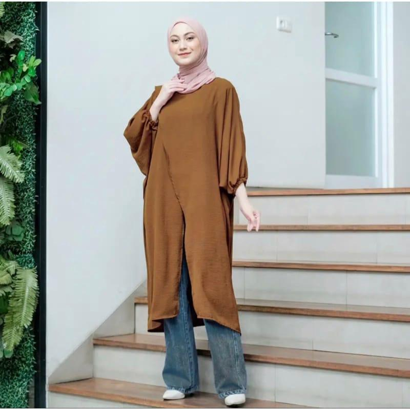 Balqisa Tunik Silang Crinkle Airflow Premium Atasan Wanita Belah Lengan Balon Terbaru