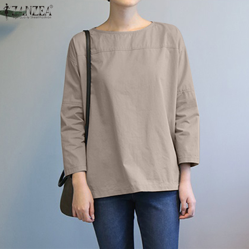 ZANZEA Women Korean Casual Solid Color 3/4 Sleeve O Neck Holiday Loose Shirts