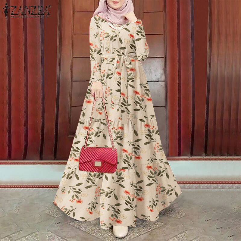 ZANZEA Women Muslim Daily Floral Print Belt Back Button O Neck Dress