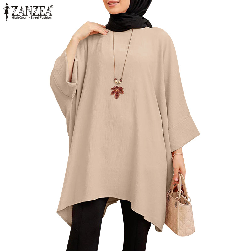 ZANZEA Women Muslim Daily 3/4 Bat Sleeves Loose Solid Color Blouses