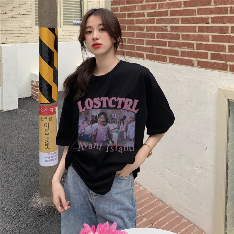 XiaoZhaiNv Kaos Atasan Oversize Wanita Avant Island Pattern Lengan Pendek A0941