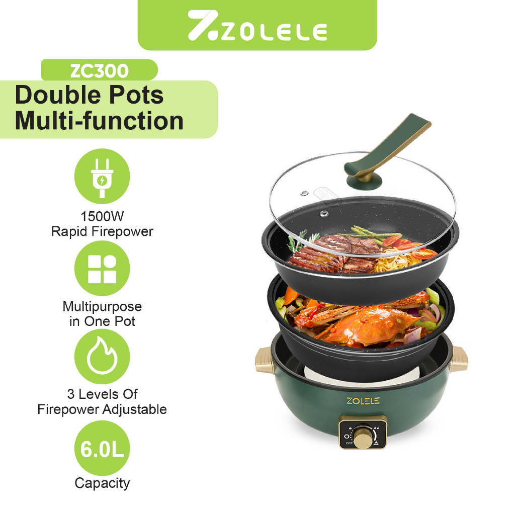 ZOLELE Panci Listrik Serbaguna Besar 6L Elektrik Cooker 3-Layer Portable Penanak Nasi Food Processor Pot Deep Fryer Steamer Non-stick Peralatan Dapur Panci Kukus Panci Rebus Mengukus Menggoreng Merebus Home Kitchen ZC300