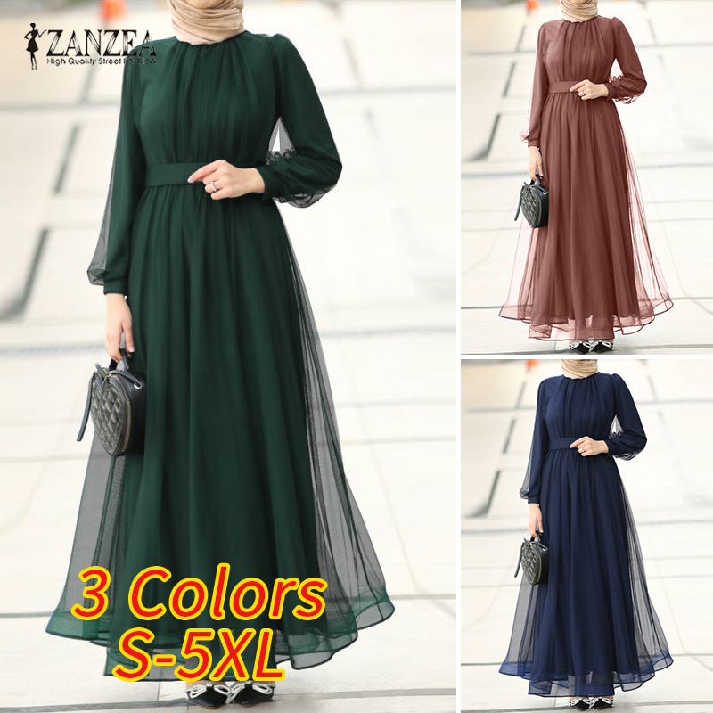 ZANZEA Women Muslim Fashion Casual Long Sleeve Double Layer PLeated Dress