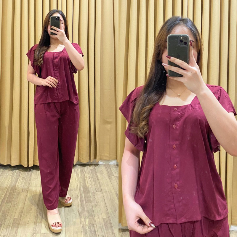 SETELAN SUMMER POLOS BAHAN RAYON FIT TO XL | ONESET RUFFLE POLOS BAHAN RAYON | ONESET CHACHA BAHAN RAYON | PIYAMA WANITA SUMMER BAHAN RAYON LD 120 | ONESET CELANA KULOT PANJANG WANITA BAHAN RAYON PREMIUM