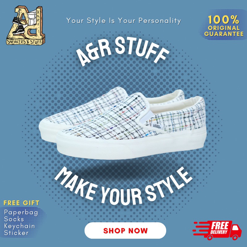 SALE  VANS SLIP ON CLASSIC WOVEN PLAID WHITE ORIGINAL 100